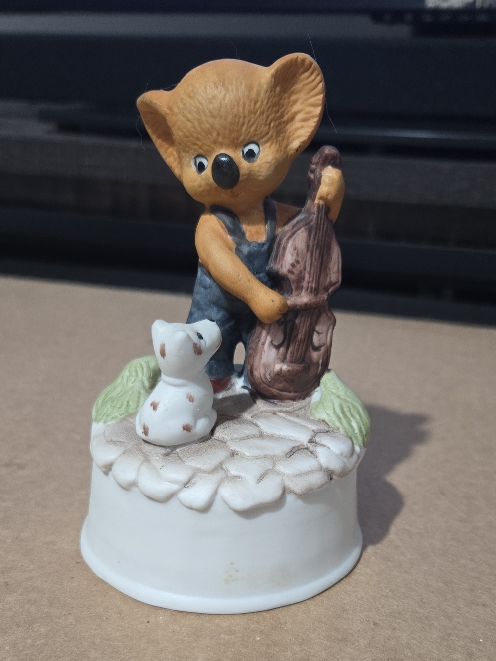 Vintage Koala Musical Figurine Playing Cello with Puppy